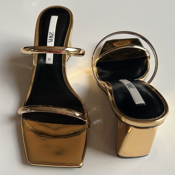 Zara Glamorous Metallic Gold wedge Heeled Mule Sandals, new - Picture 2 of 8